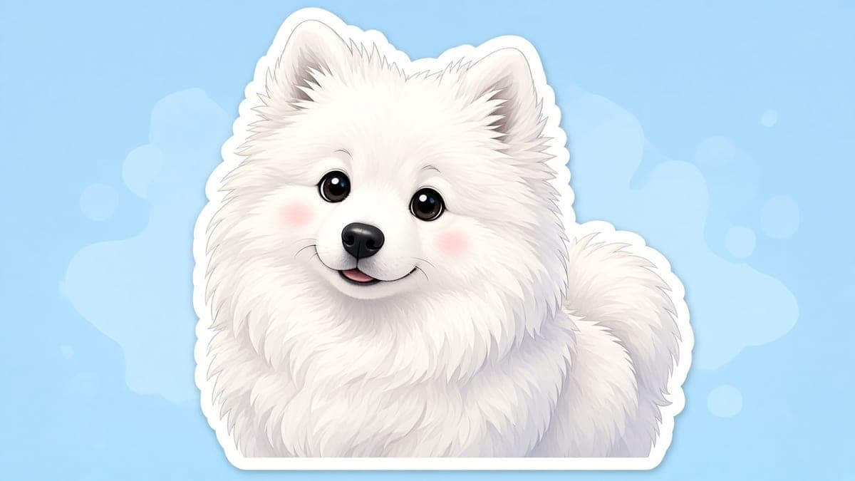 Cartoon AI dog portrait of a smiling Samoyed with clean ink outlines