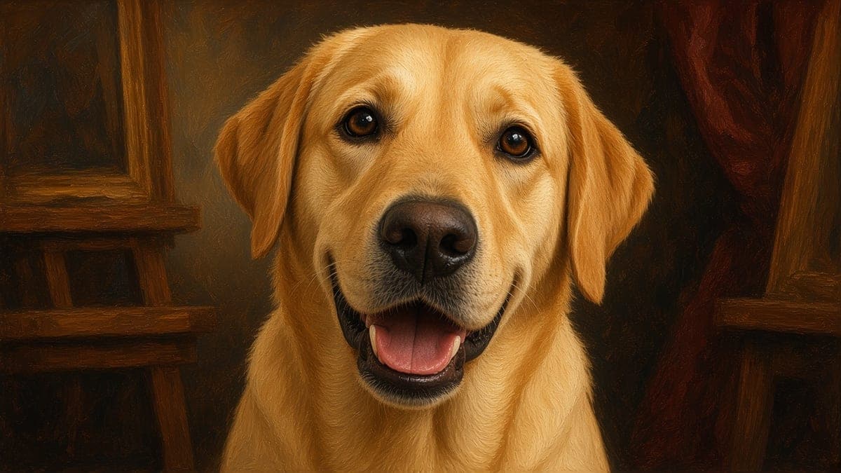 Oil painting AI dog portrait of the same Labrador after Paint My Dog