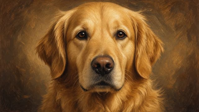 Oil painting AI dog portrait of a golden retriever with warm brushwork