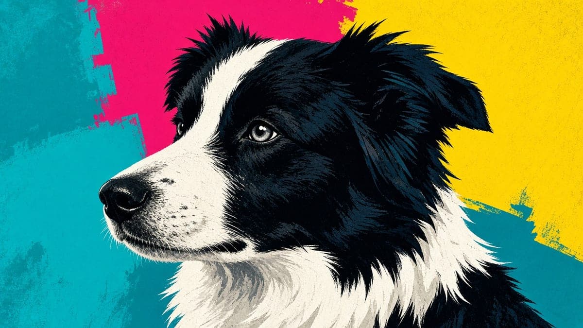 Pop art AI dog portrait of a border collie with bold screen-print colors