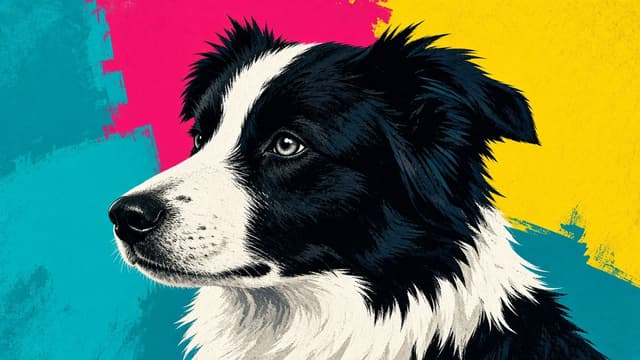 Pop art AI dog portrait of a border collie with bold screen-print colors