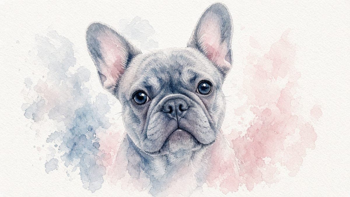 Watercolor AI dog portrait of a French bulldog with soft pigment washes